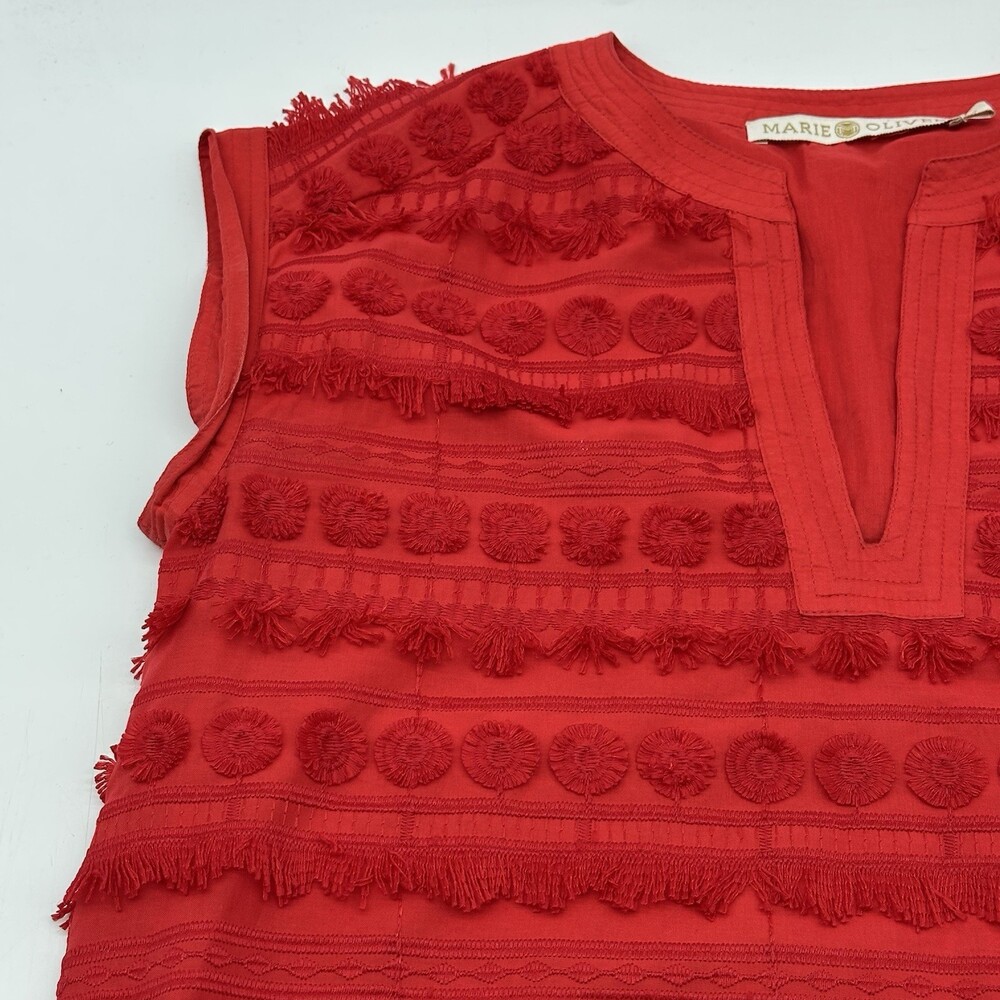 Marie Oliver Herra Women's Size XS Salsa Red Embroidery & Fringe Shift Dress - Picture 7 of 15
